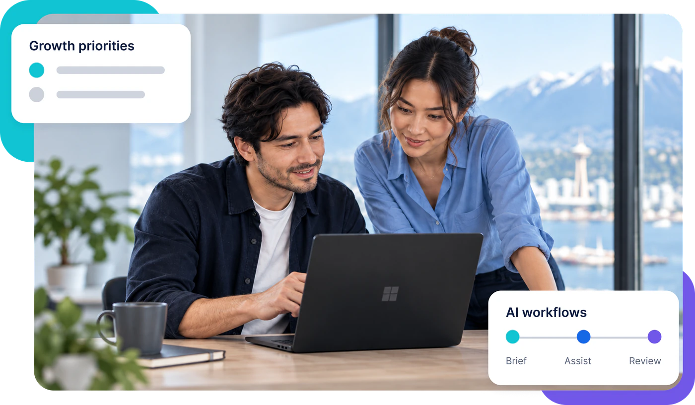 Two colleagues reviewing growth priorities and human-reviewed AI workflows on a black Surface laptop